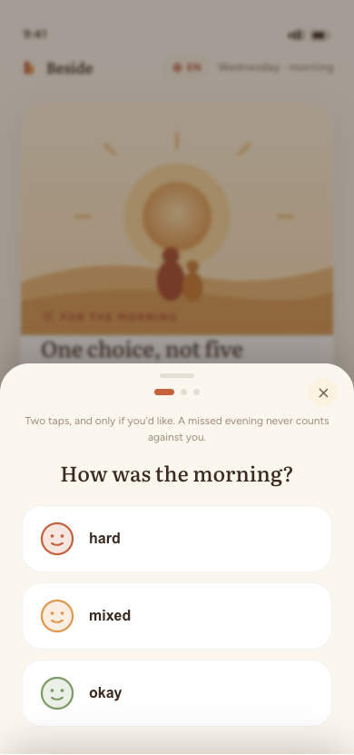 Beside app, a gentle two-tap evening check-in
